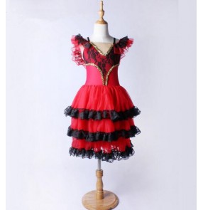 Red black lace patchwork v neck backless girls children kids competition professional tutu leotard skirts ballet dance dresses
